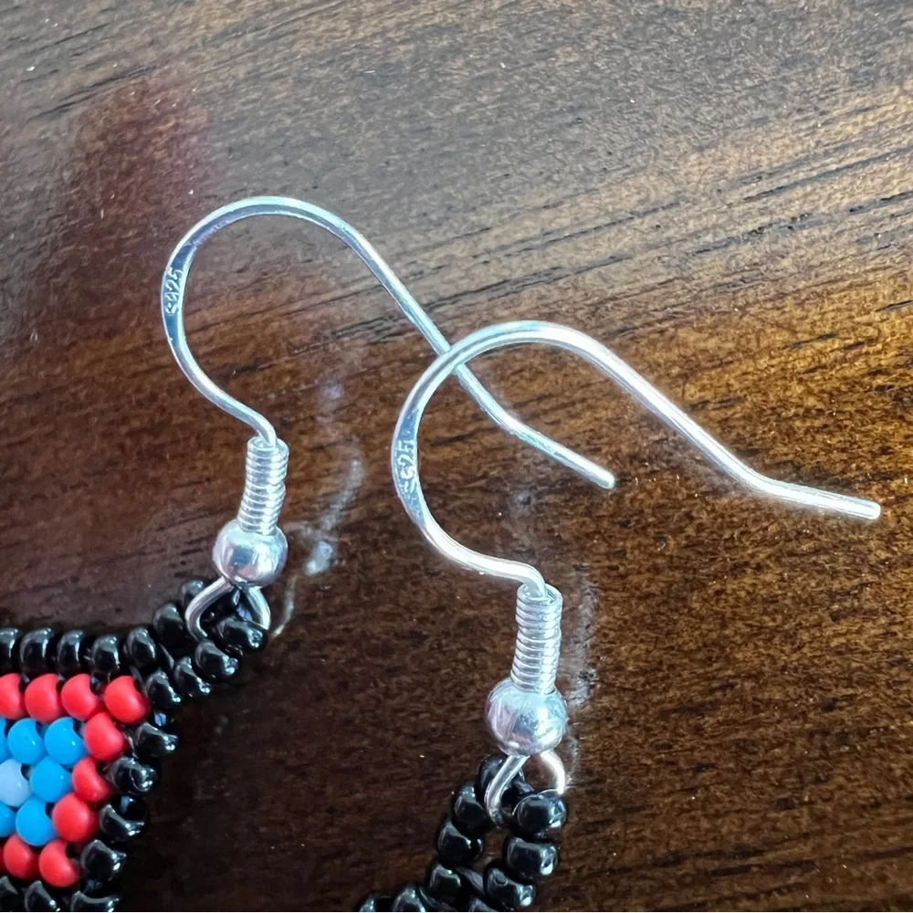 BOHO‎ Seed Bead Fringe Earrings Black Blue Red Native American Style Handmade